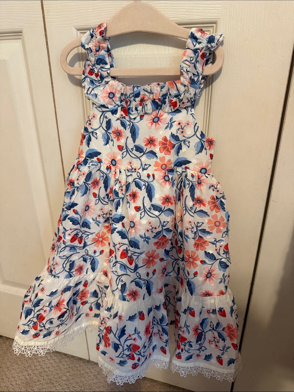 Girls White Floral Sundress with Pink and Blue Flowers - Charming Summer Dress